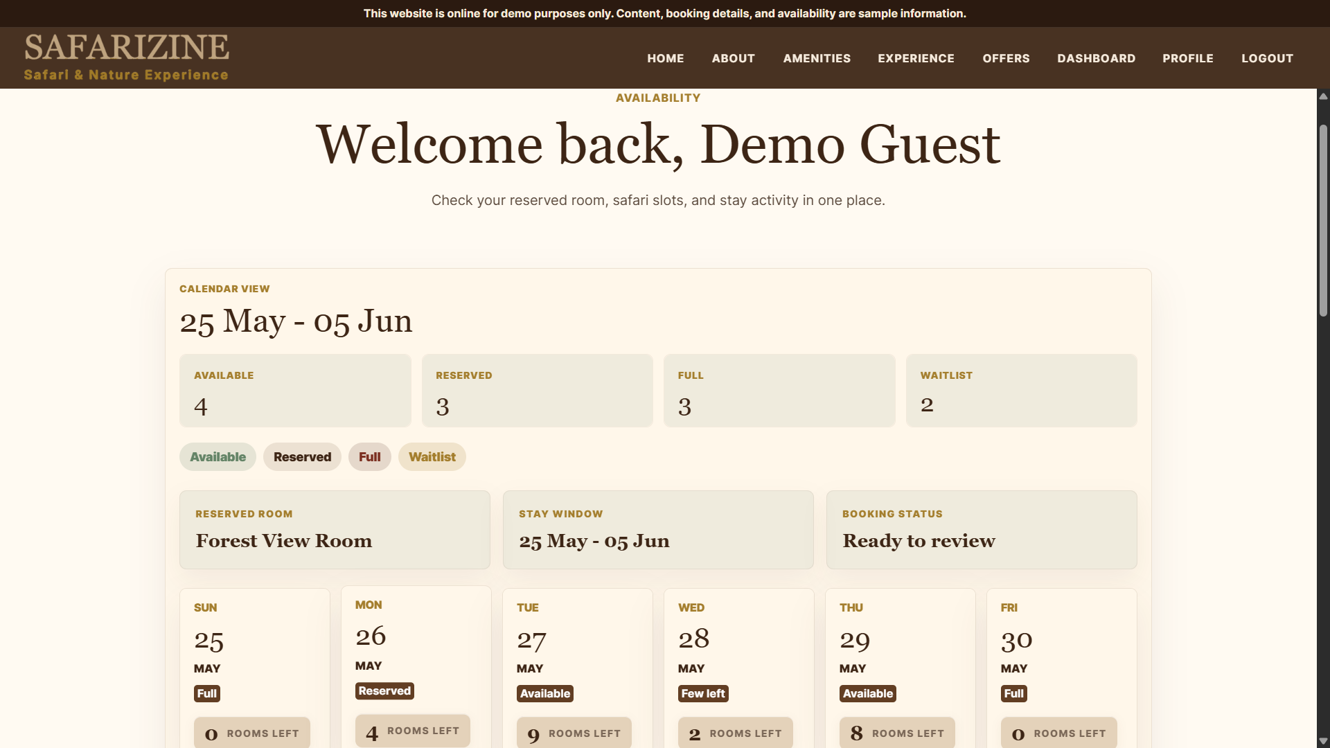 Availability and booking screen