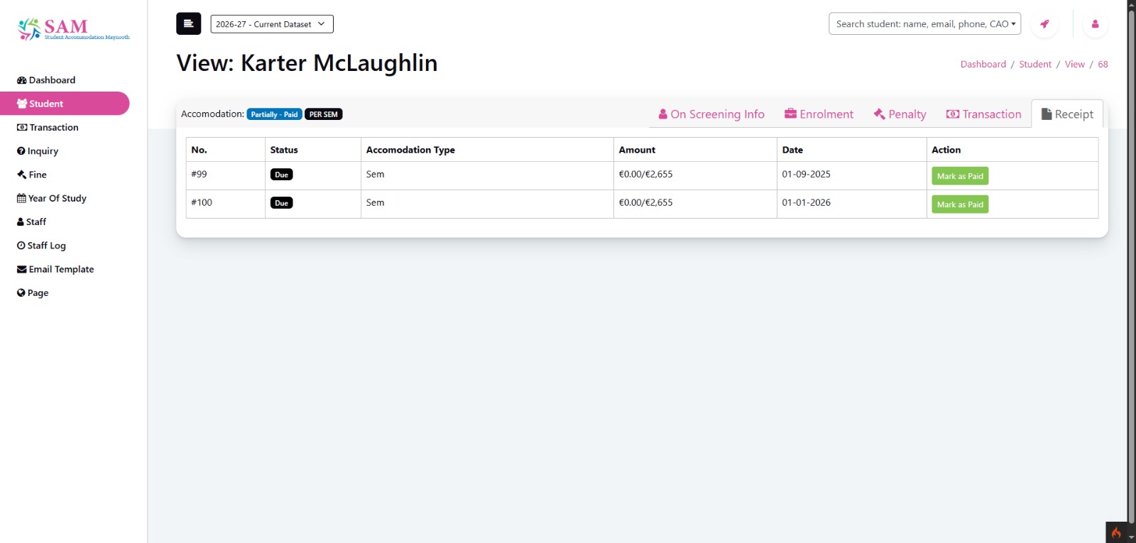 Student history admin dashboard